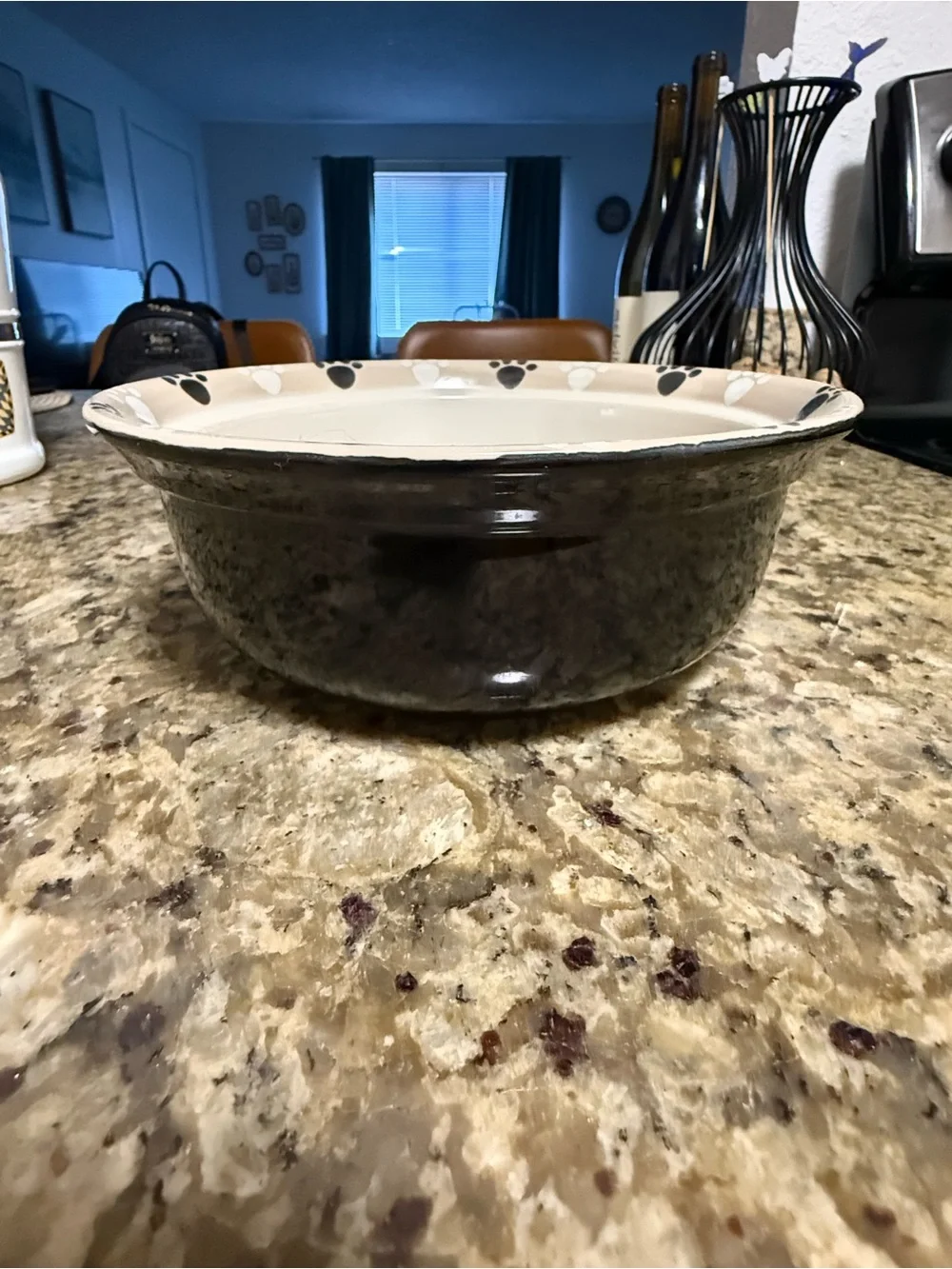 Large Ceramic Dog Bowl 9” Black Cream Paw Print Heavy Pet Dish